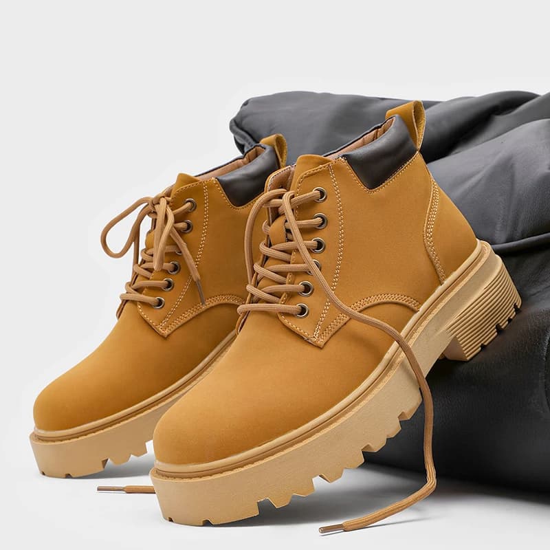 Men Retro Yellow High‑Top Ankle Work Boots Lace‑Up Smooth PU Upper Non‑Slip Chunky Block Outsole Durable Comfort For Hiking