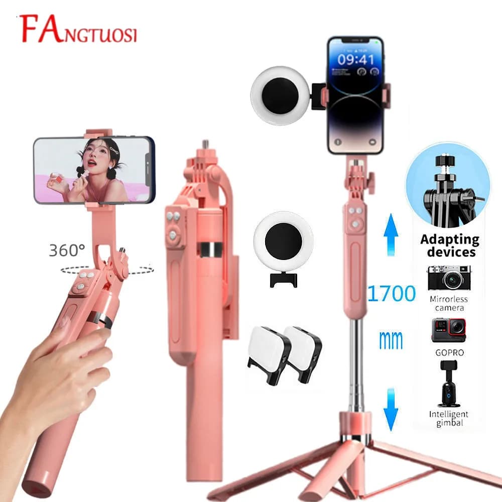 FANGTUOSI 360 ° rotazione Selfie Stick wireless per treppiede per smartphone con telecomando Bluetooth e luce, supporto pieghevole portatile