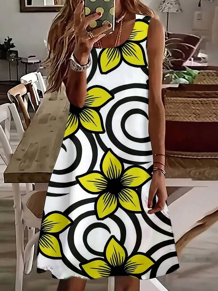 Women Sleeveless Dress Yellow Flower Black Spiral Print Summer Beach Party Casual Wear