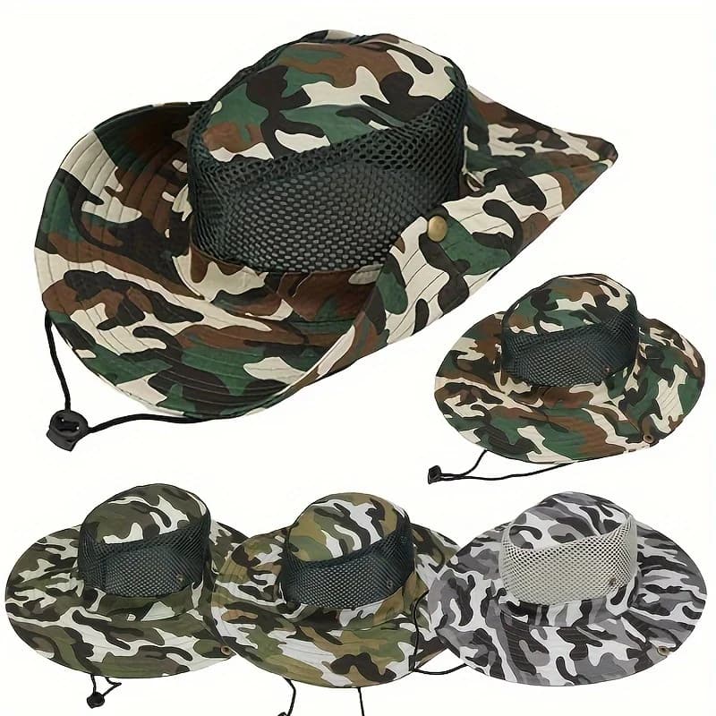 Men Camo Sun Protection Boonie Hat 360° Mesh Ventilation Wind Lanyard Outdoor Fishing Camping Hiking Bucket Hat