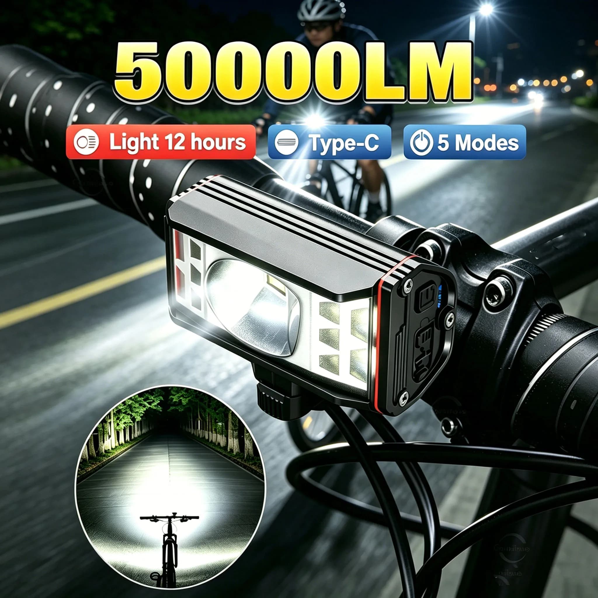 50000LM Super Bright LED Bicycle Front Light 5000mAh Bicycle Light Waterproof Bicycle Headlight Rechargeable Night Riding Light