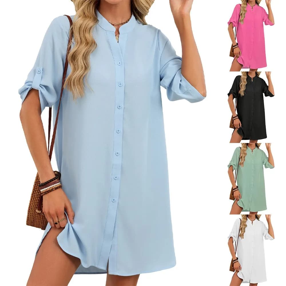 Abito da donna con scollo a V, linea ad A, blu pastello, manica a cinque quarti, vestito chemisier verde menta con colletto alla coreana, casual