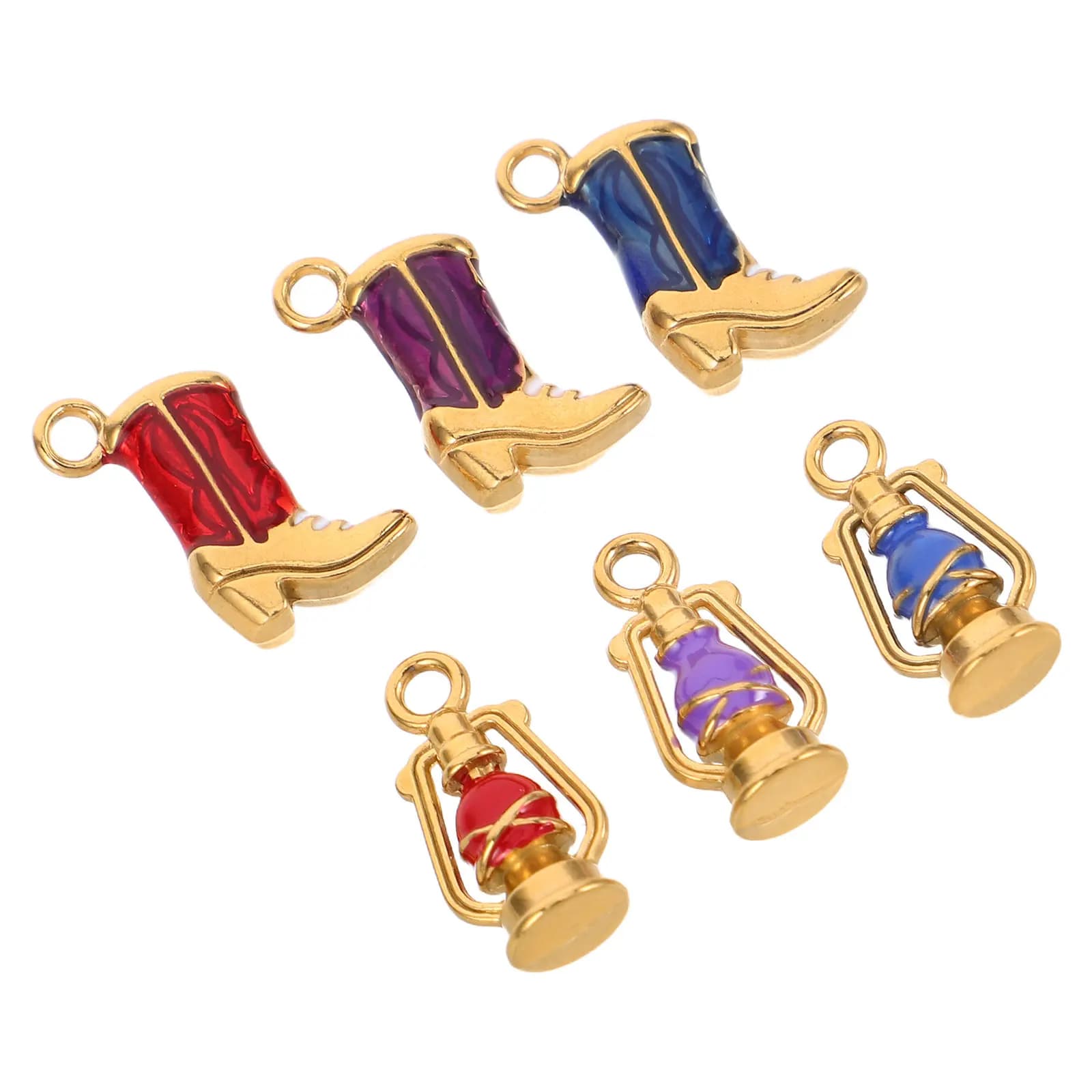 6 Pezzi Ciondoli a Forma di Stivale in Acciaio Inossidabile Dorato, Smaltati su Due Lati, Stile Western Rustico, Mini Pendenti per Creazione Gioielli, Portachiavi e Braccialetti