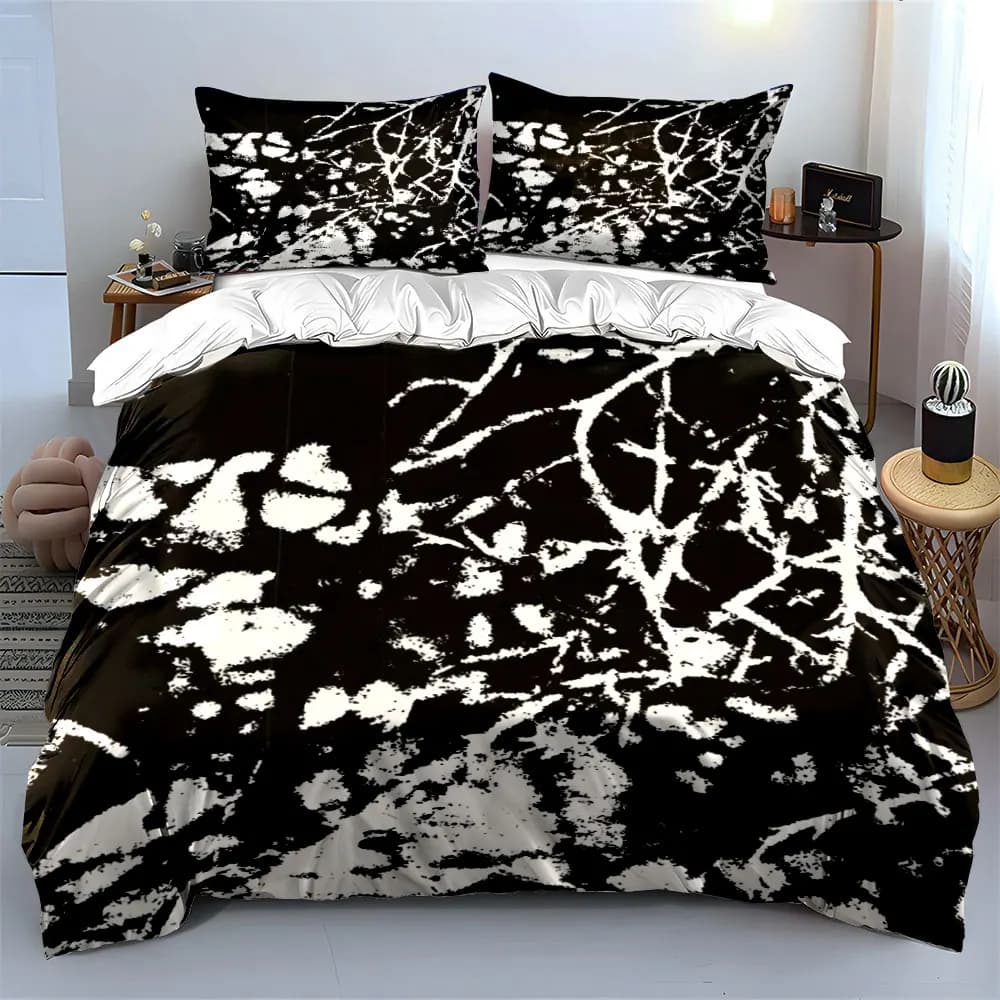 3Pcs Abstract Tree Silhouette Bedding Set, Black and White Print Duvet Cover + 2 Pillowcases, Nature Decor