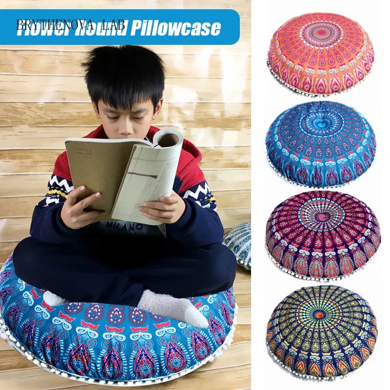 43/80cm Mandala Pattern Floor Pillowcase Round Bohemian Meditation Seat Cover Cushion Pouf Case Retro Feather Printed Home Decor