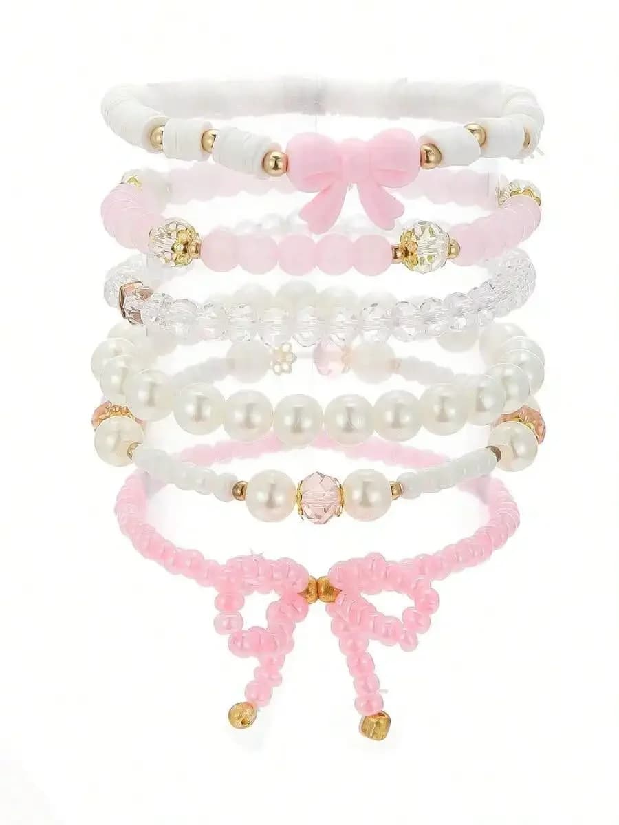 6pcs/Set Cute Faux Pearl & Crystal Beaded Bowknot Bracelet Set, Suitable For Girls, Friendship Jewelry, Party Gift