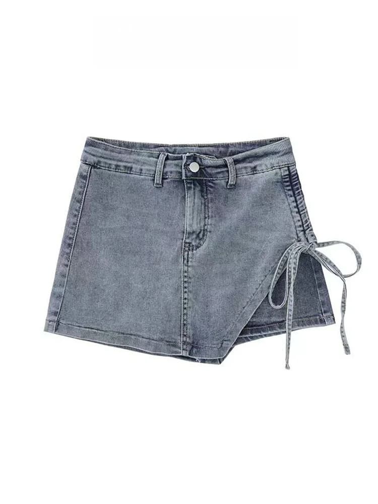 Summer New Style Women's Denim Skirt with Knot Design Irregular High Waist Banded Skirt for Young Adults