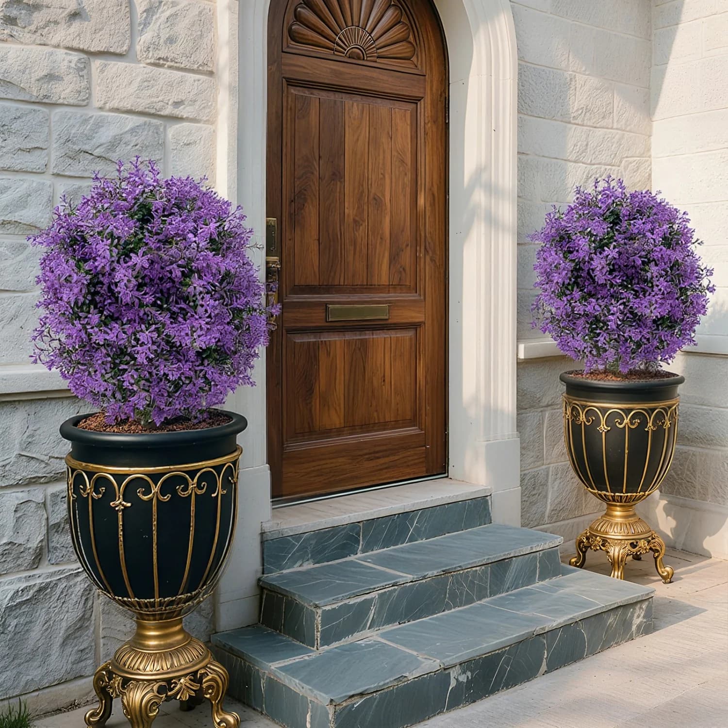 Pack of 2 balls of artificial shell with ground picket, fake green shrubs, fake bosso plants for garden and porch