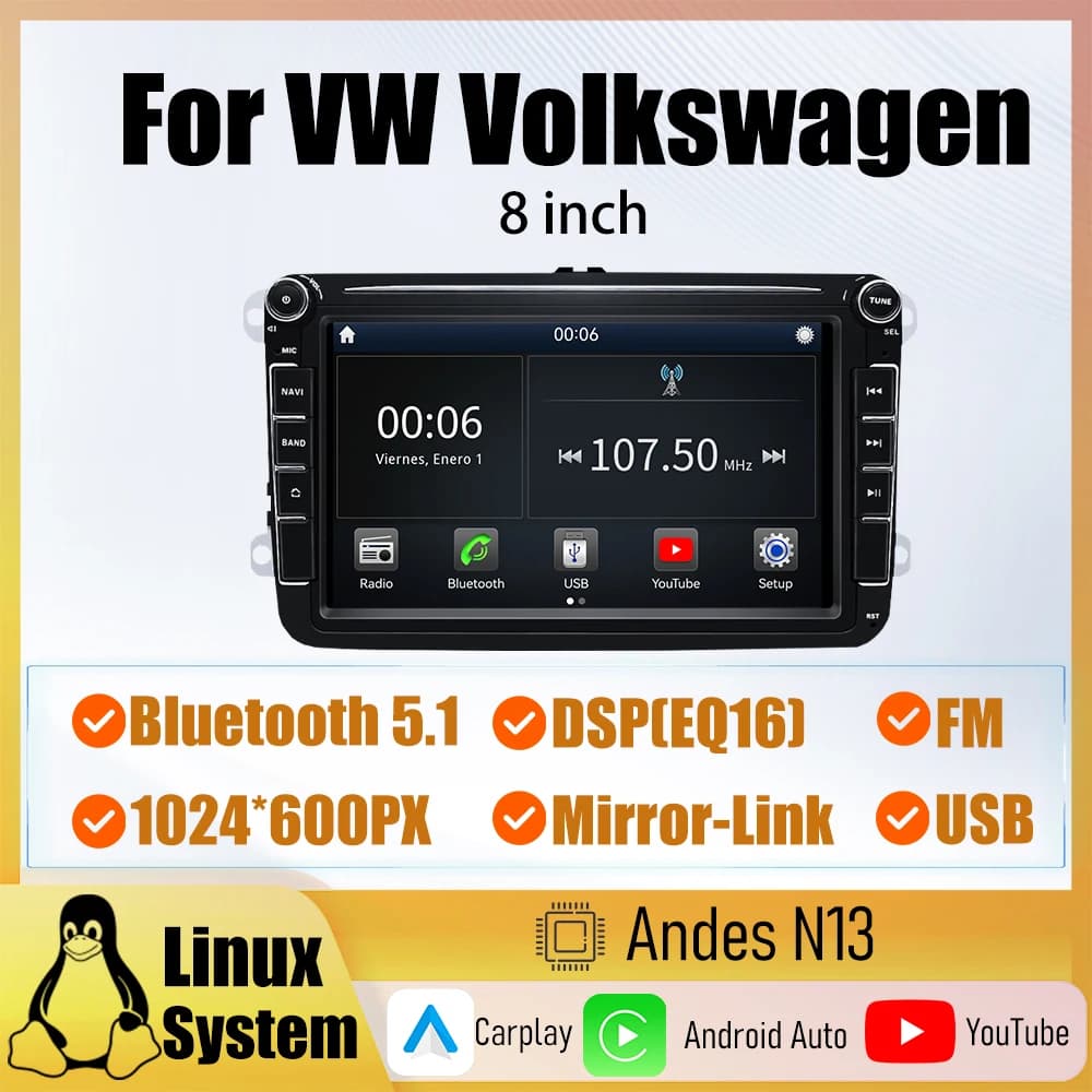Autoradio da 8 pollici per VW Volkswagen con sistema Linux, Carplay wireless, Android Auto cablato, USB, radio, Bluetooth 5.1, FM e MirrorLink