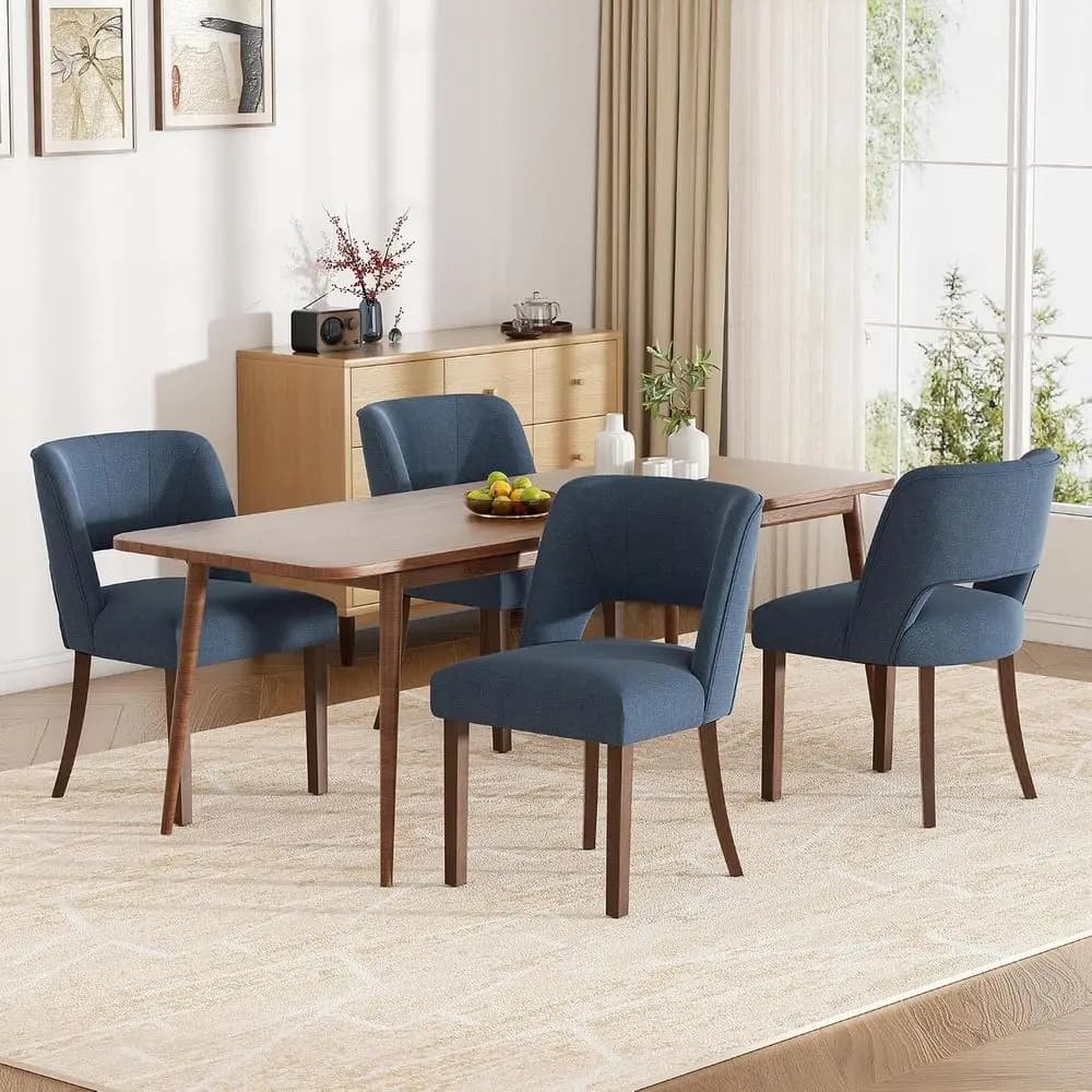 Set of 4 Linen-Cushioned Dining Chairs with Wood Legs for Kitchen and Living Room, Blue