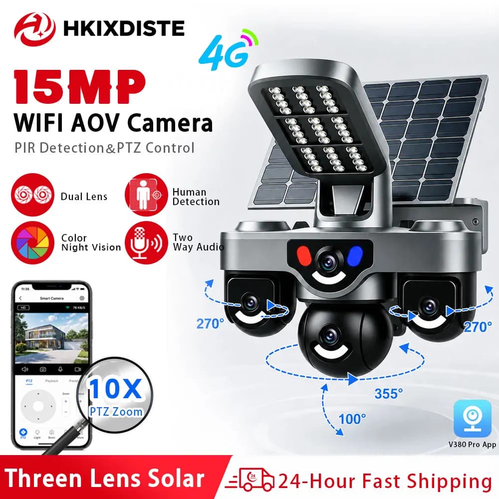 15MP Solar 4G Card PTZ Security Three Lens AOV Surveillance Camera Outdoor PIR Detection 355° Rotation Built in 12000mAh Battery