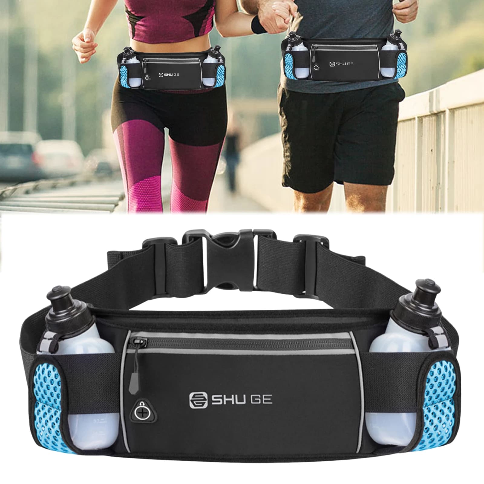 Running Waist Bag with Bottles, Life Bag with Adjustable Strap for Running, Walking and Cycling