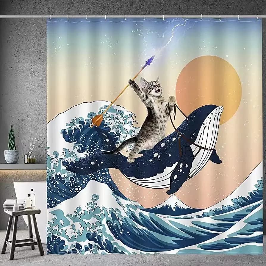 Divertente tenda da doccia gatto coraggioso che tiene tridente freccia che cavalca squalo nell'oceano onda balena gatto set di tende da doccia set di decorazioni per il bagno