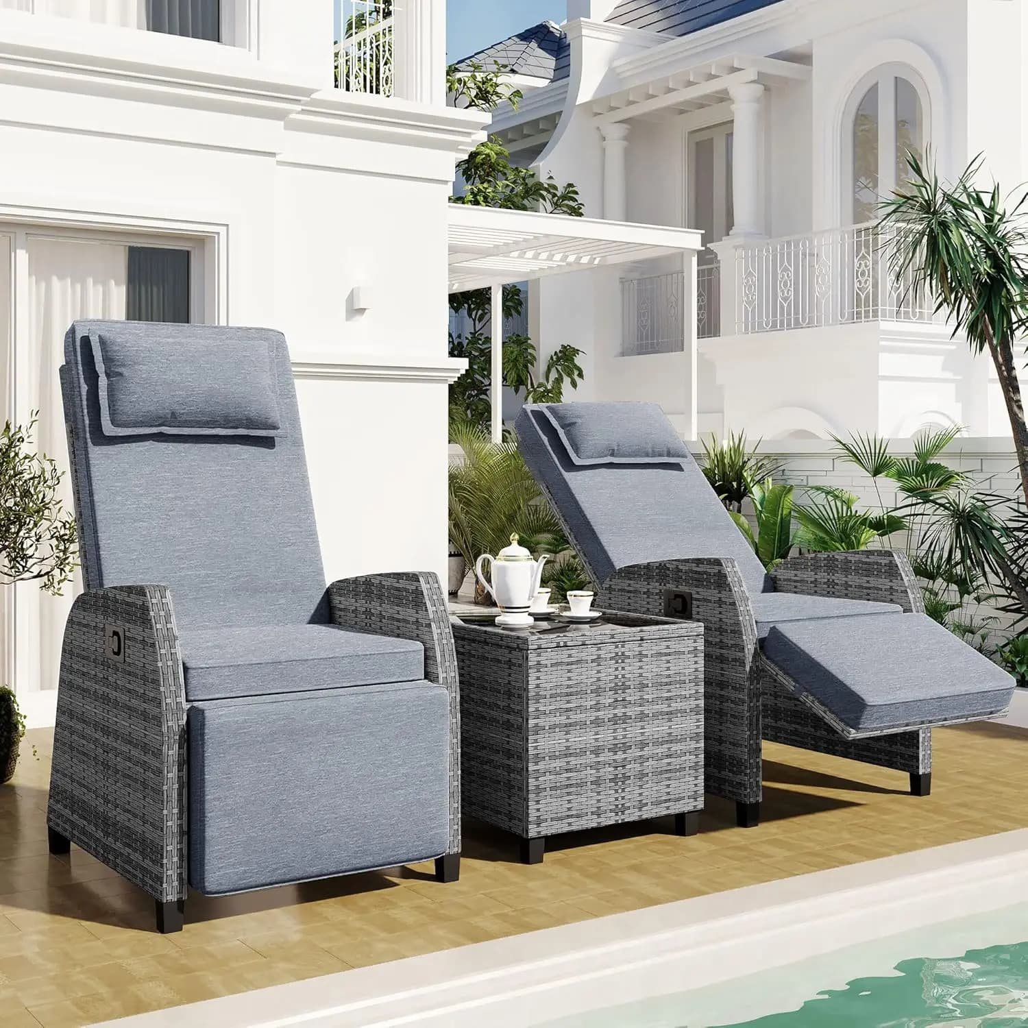 Set of 2 Outdoor Seats for Patio with Vimini Table, Comfort cushion, Adjustable angle, Weather resistant, Customizable