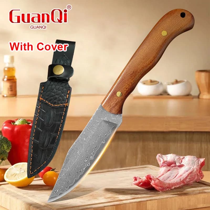 Wood Handle Utility Barbecue Knife Blade Sharp Damascus Kitchen Cleaver Meat Fruit Fish Vegetable Knife Household Peeler Knife