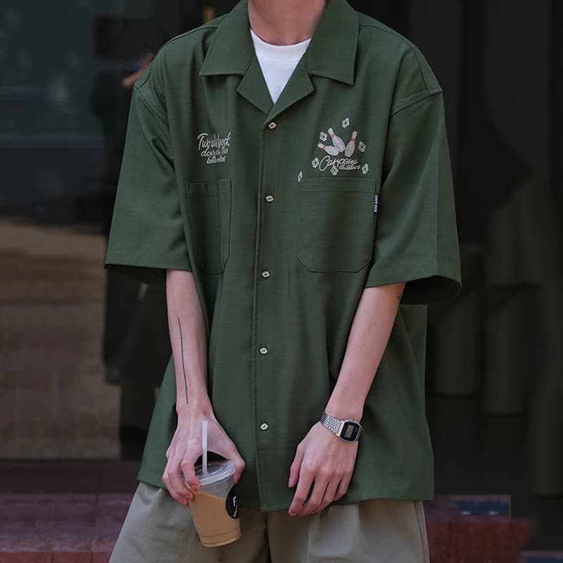 Bowling Embroidery Green Tooling Retro Cuban Collar Short Sleeve Shirt Men Women Shirts Summer Hip Hop Shirt Casual Shirt Jacket