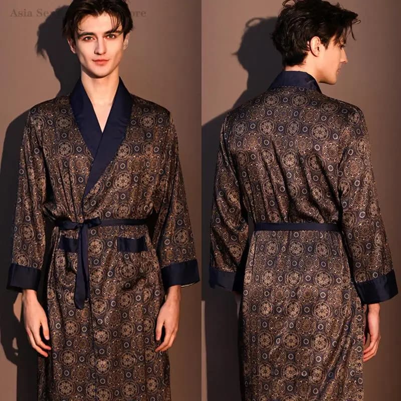 Vestaglia da Uomo in Raso Stampato, Nuovo Kimono da Notte, Accappatoio, Abito da Casa, Loungewear, Casual, Homewear, Camicia da Notte a Maniche Lunghe, Pigiama