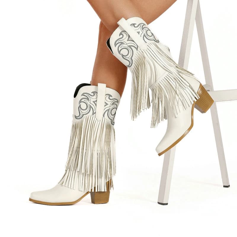 Ricamo bianco punta a punta stivali da Cowboy occidentali con nappe tacchi alti grossi Slip-on scarpe da donna inverno Goth stivale nero