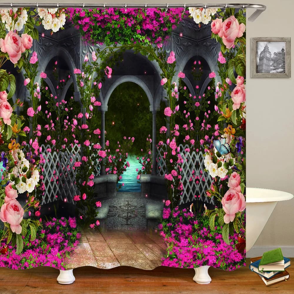 Tenda da doccia stampata con paesaggio forestale fantasy 3D, tenda da bagno in poliestere impermeabile, decorazione per il bagno con tenda con ganci