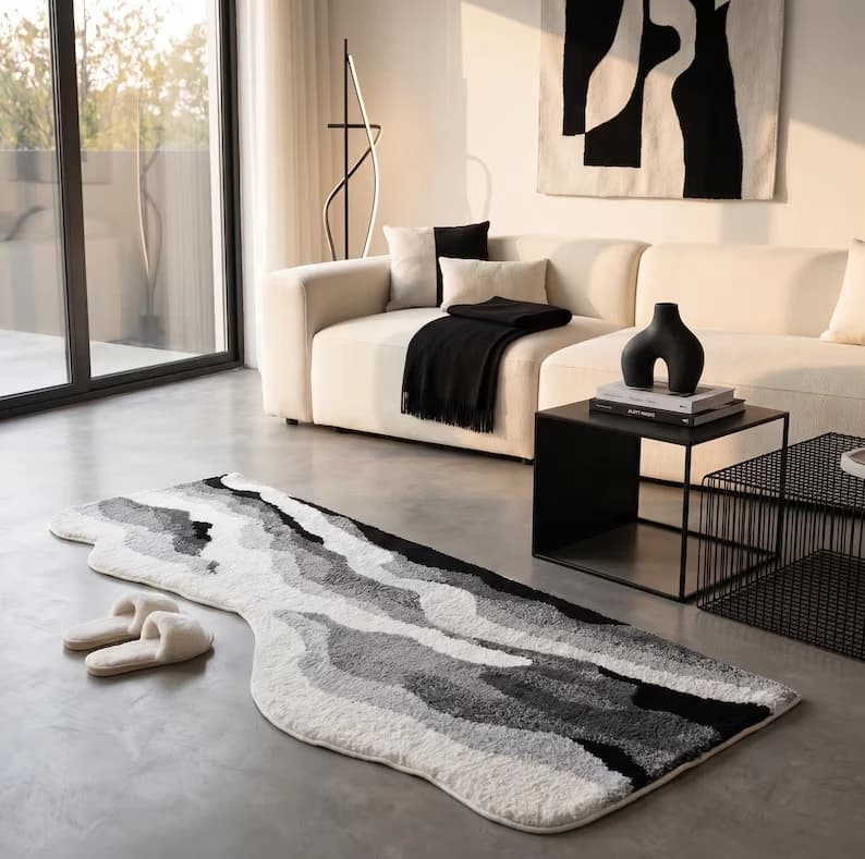 VIKAMA Black White Gray Abstract Wave Runner Rug Stain Resistant Easy Clean Floor Mat Bedroom Bedside Living Room Home Decor