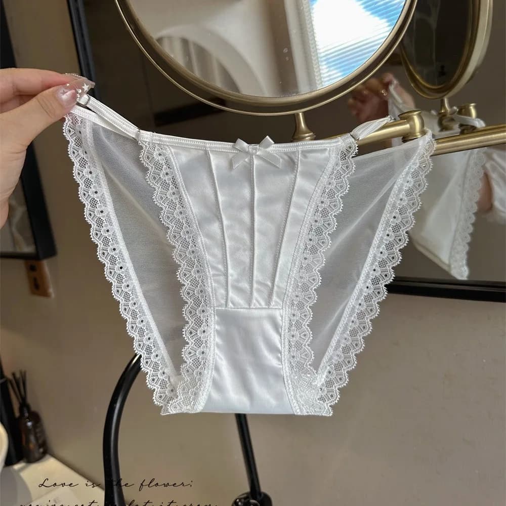 Women's Panties Solid Color Breathable Fine Underwear French Sexy Lace Bow With Adjustable Belt Thin Mesh Briefs