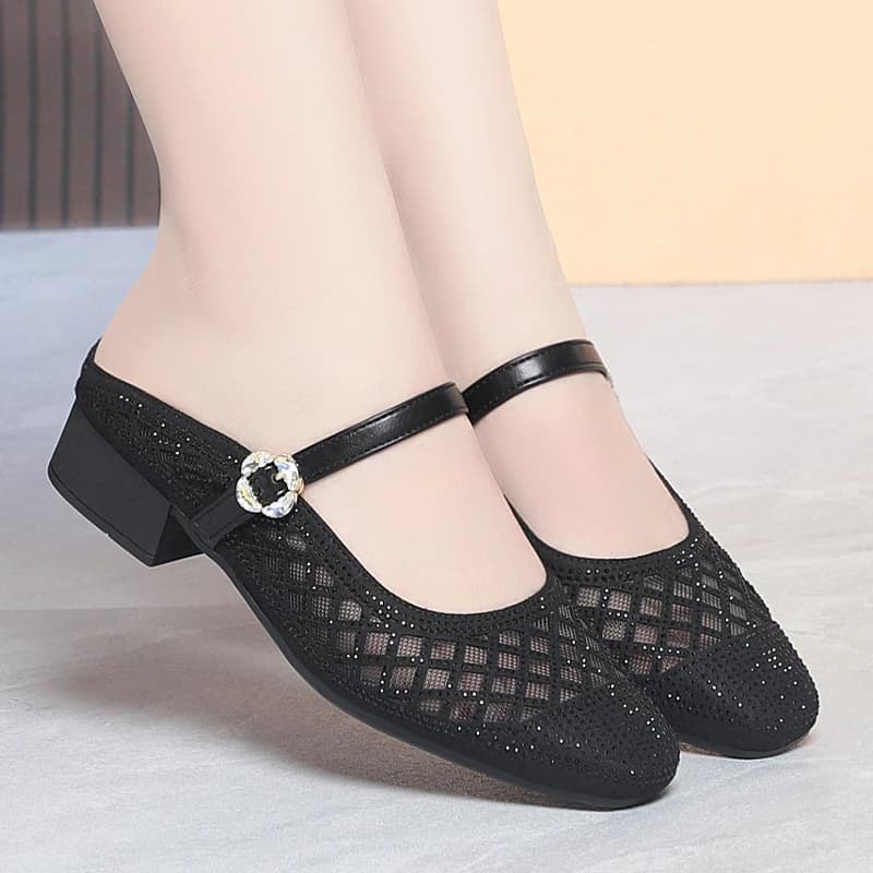 Mesh Rhinestone Mary Jane Mules Square Toe With Crystal Buckle Strap Slip On Low Block Heel Casual Shoes For Summer And Daily