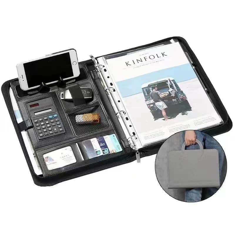 Raccoglitore per calcolatrice con cerniera A4 in pelle PU, cartella per conferenze, cartella per tablet, borsa per file con manico circolare portatile