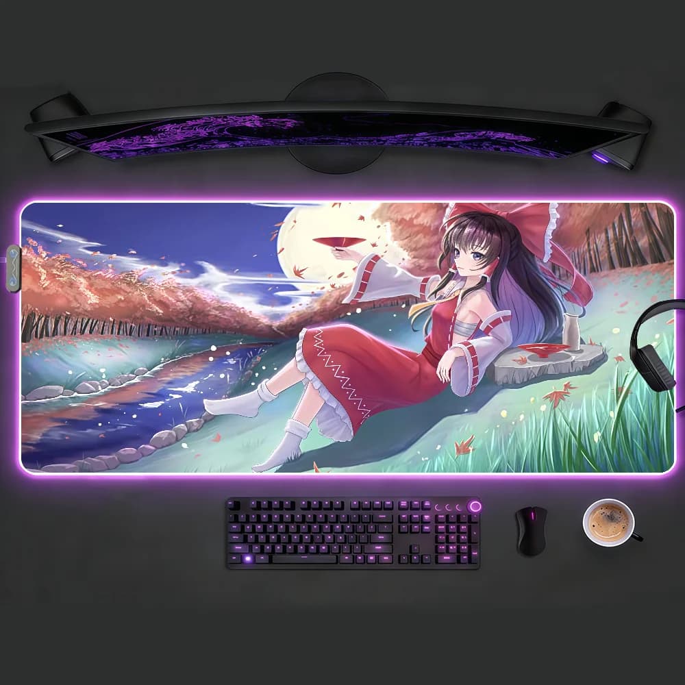 Touhou Hakurei Reimu Mouse Pad RGB LED Tappetino da scrivania antiscivolo Accessori da gioco in gomma Tappetino per tastiera da ufficio grande XXL