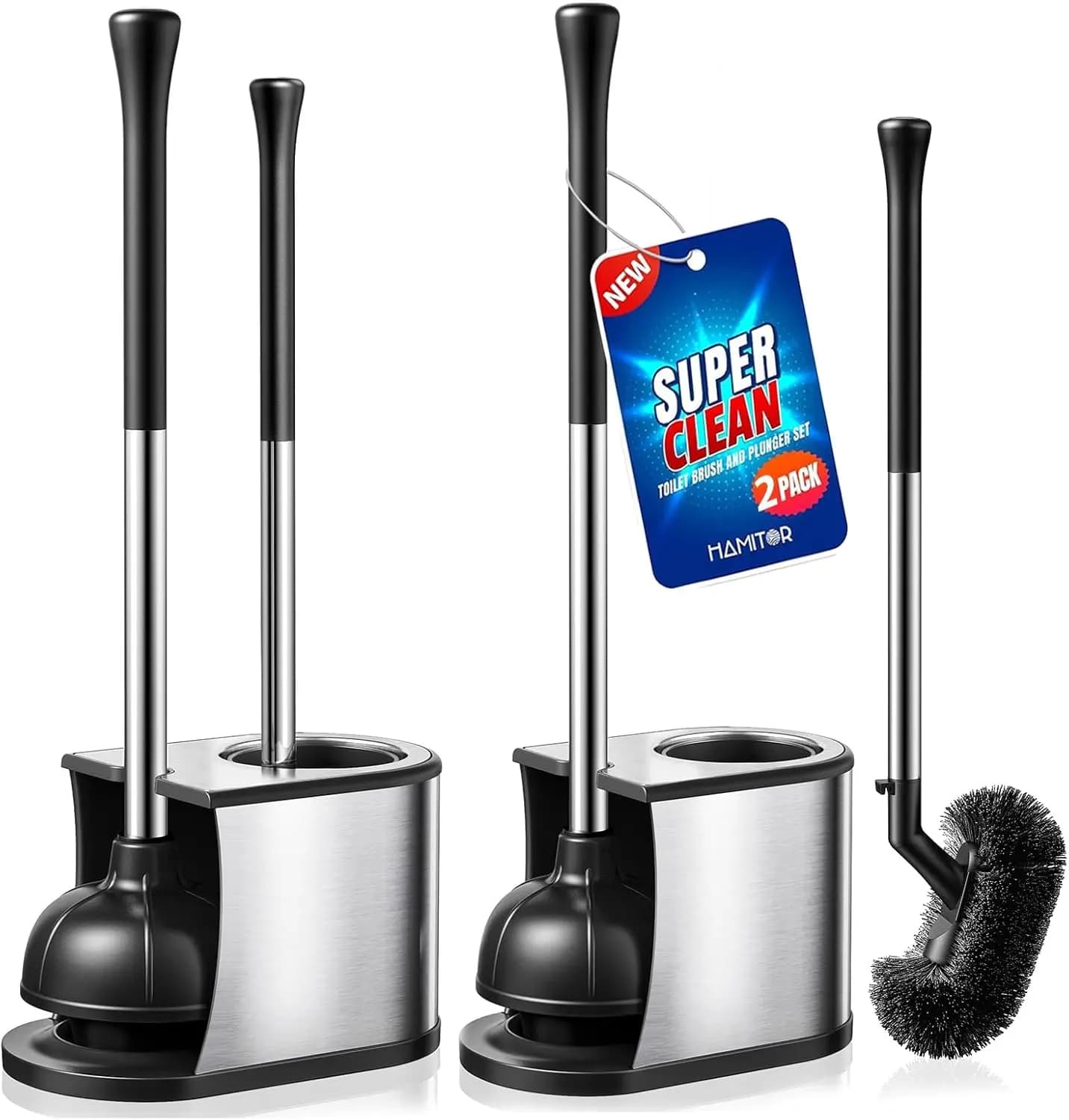 Set Spazzola e Strozzatore per WC: Spazzola 2 in 1 in Acciaio Inox con Supporto, Curva per Pulizia Profonda