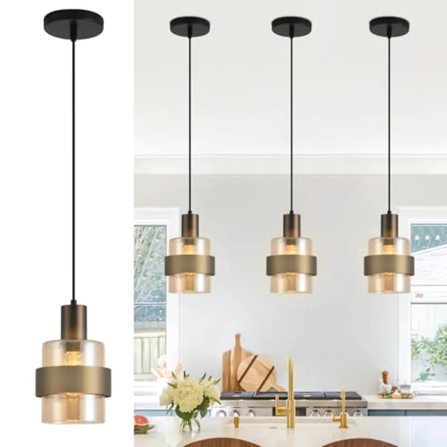 Lampade a Sospensione Moderne in Vetro Ambrato, Illuminazione per Isola Cucina, Mini Lampade a Sospensione in Vetro con Anello in Metallo Finitura Bronzo E26 H