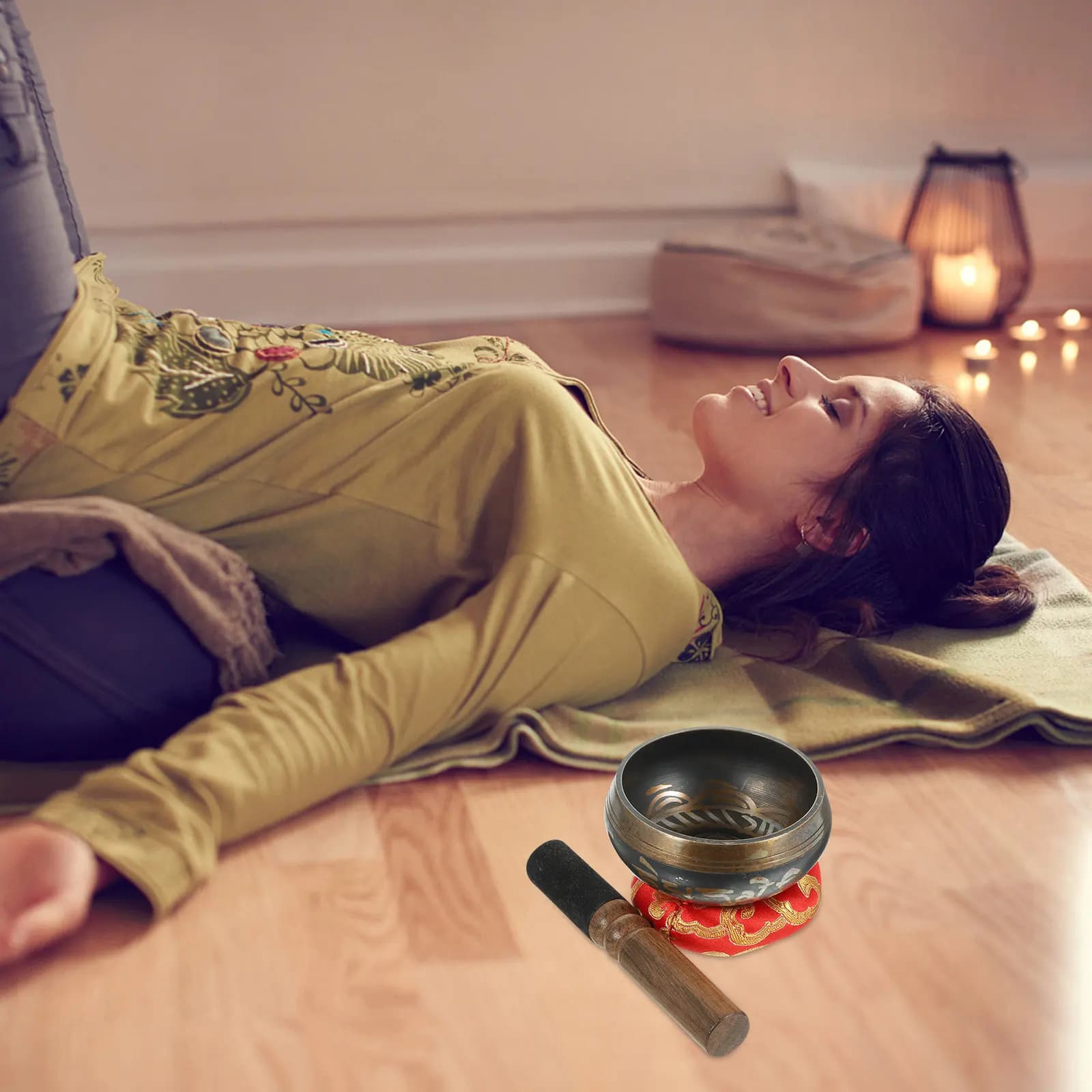 Tibetan Singing Bowl Set with Mallet and Cushion for Meditation Mindfulness Yoga Relaxation Decor