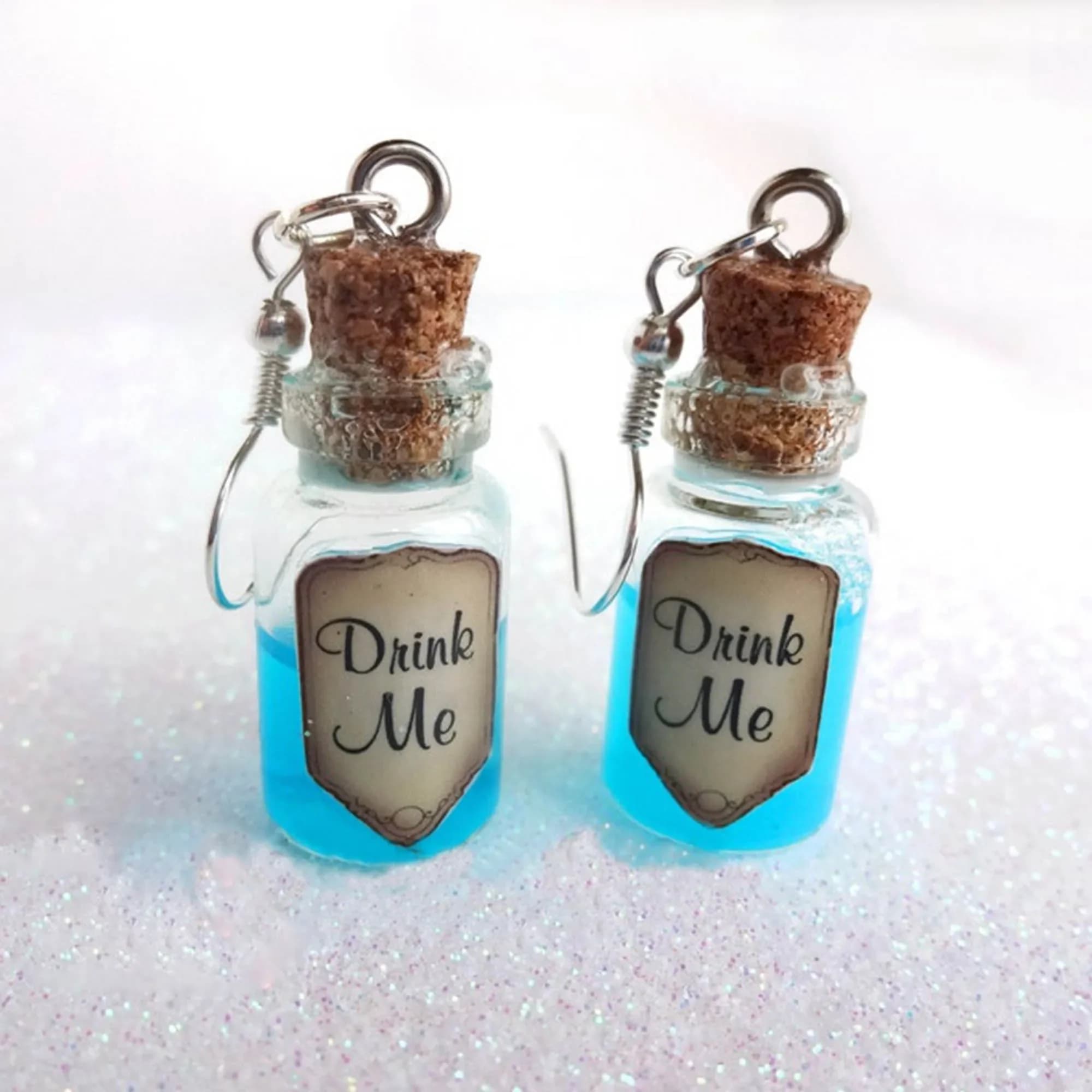Drink Me Glass Bottle Earrings Alice's Adventures in Wonderland Potion Liquid Vial Charm Blue Shimmer Magic Spells