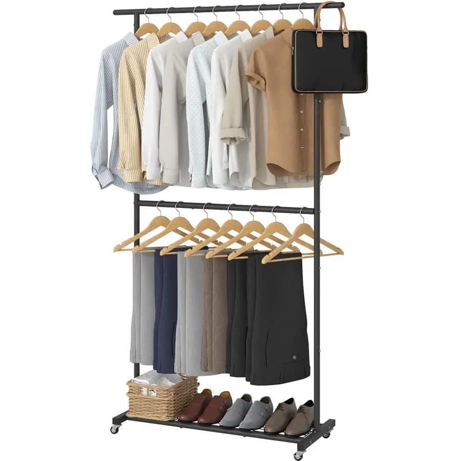 Double rod hanger, clothes hangers with wheels and mesh bottom, clothes rack for hanging clothes, coats, skirts, sweaters