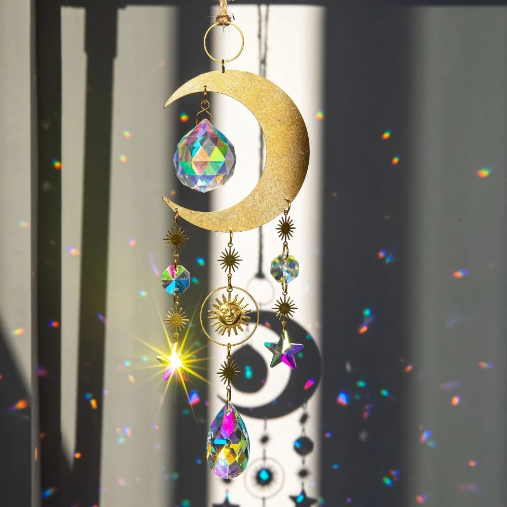 Brass Moon and Star Crystal Pendant Light and Shadow Dreamy Rainbow Maker Wind Chime DIY Home Window Hanging Decoration