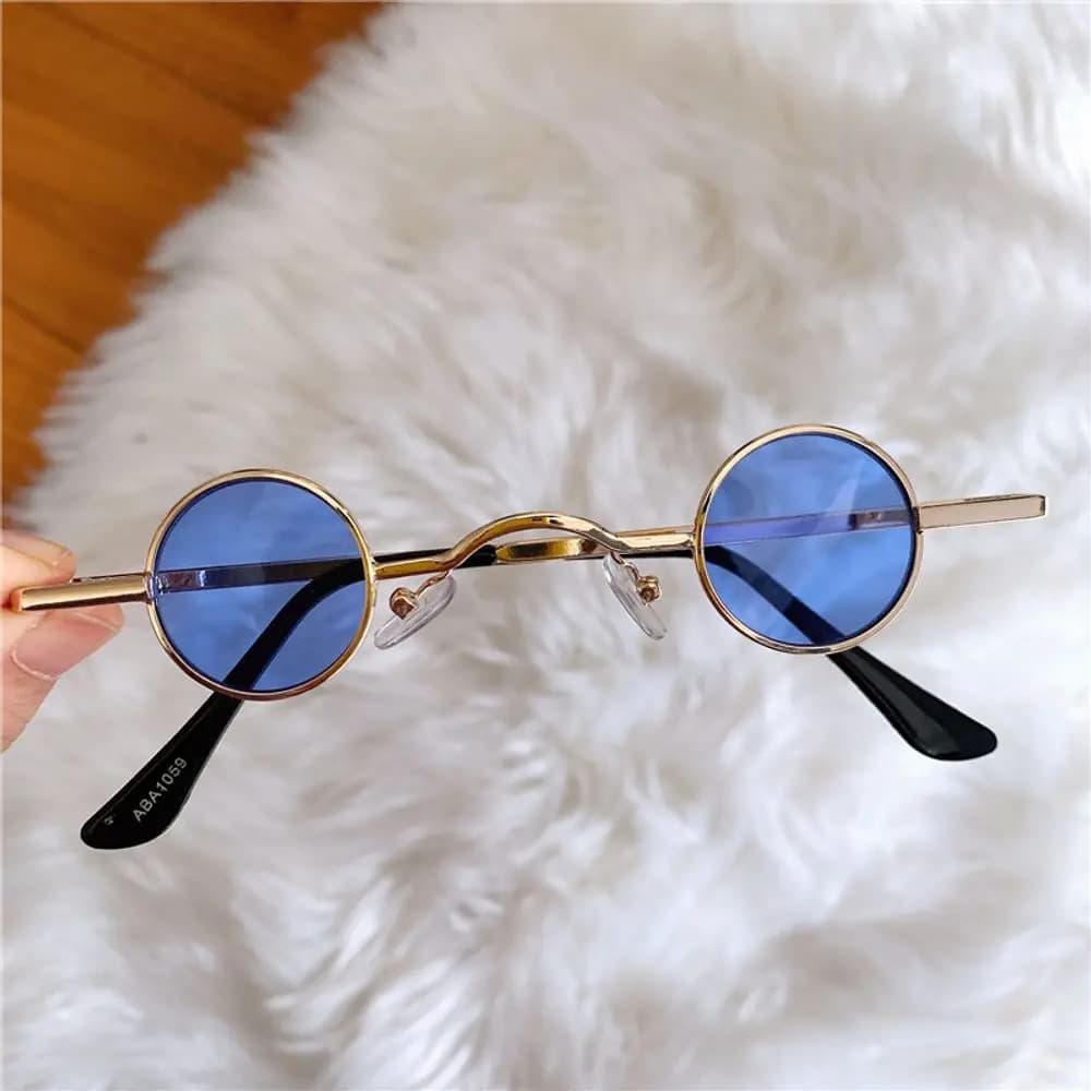 Gold Frame Blue-tinted Mini Round Sunglasses, Cool Blue-tone Lenses, Cyberpunk Style Must-have