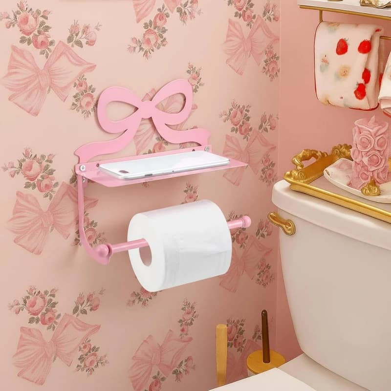 Simple Pink Bow Metal Wall Mounted Toilet Tissue Holder with Phone Storage Rack and Pink Toilet Paper Tube Decoration