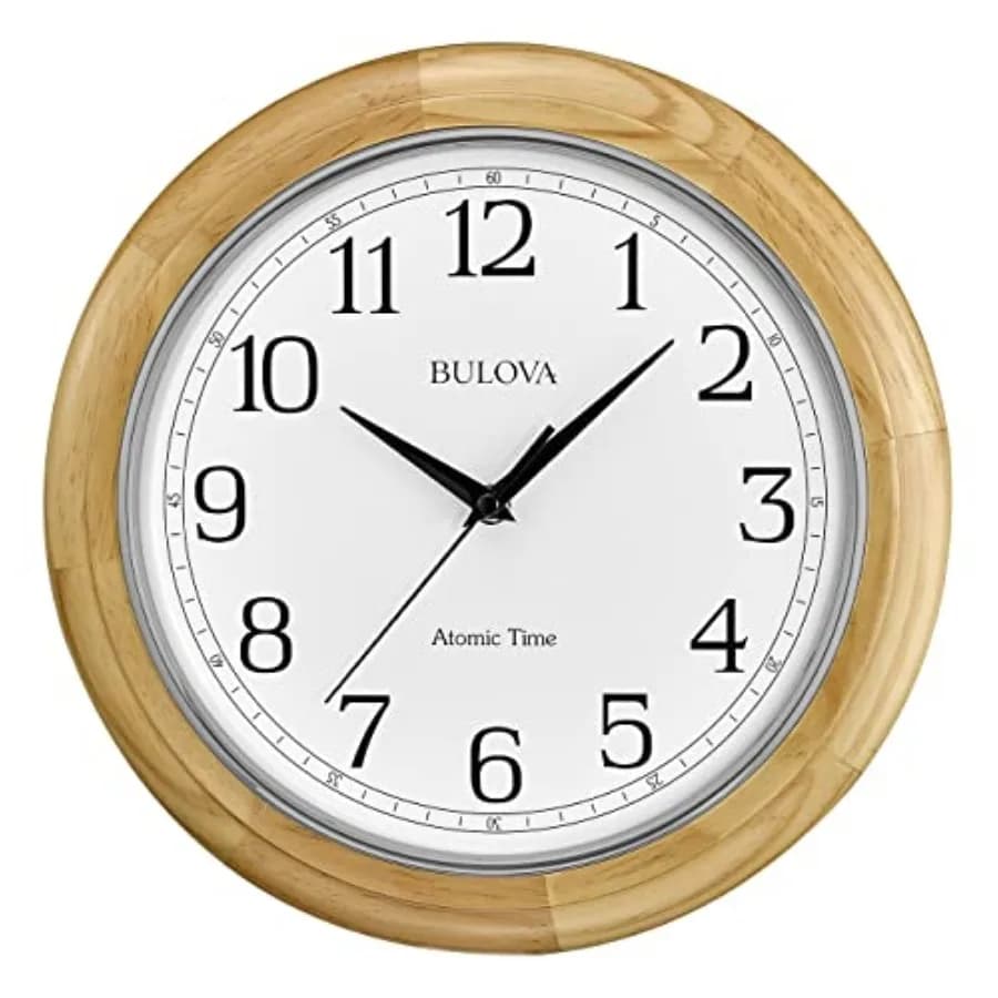 C5005 Wooden Atomic Analog Wall Clock Automatically Sets Time Large Roman Numerals Battery Operated Traditional Design