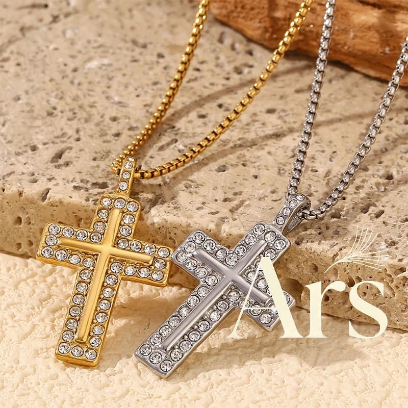 Collana con Ciondolo a Croce in Acciaio Inossidabile Ars con Zirconi, Catena Placcata Oro 18k, Collane da Donna Anti-ossidazione, Girocollo