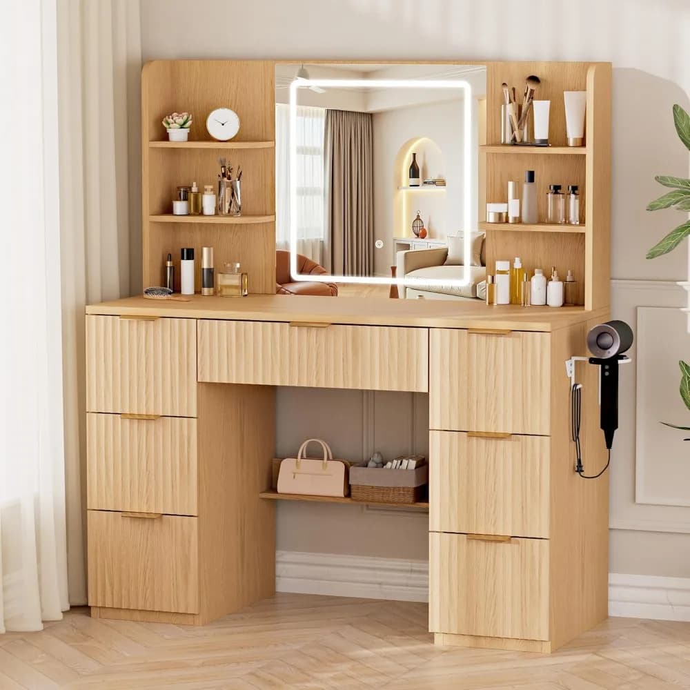 Large 43" Natural Wood Vanity Desk with LED Mirror and Charging Station | Fluted Design, Hairdryer Holder, 7 Drawers