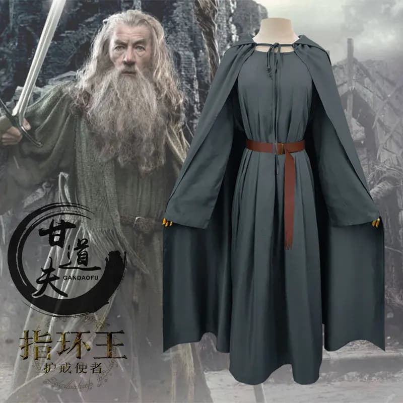 Costume da Mago per Adulti, Mantello Grigio con Cappello da Mago, Travestimento da Gandalf di Il Hobbit, Abito per Cosplay di Halloween