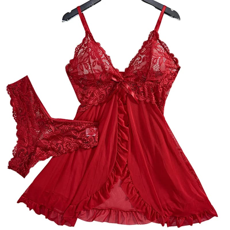 Set di biancheria intima trasparente da donna Red Sling, pigiama in pizzo con inserti in pizzo, camicia da notte con spacco e slip, set pigiama.