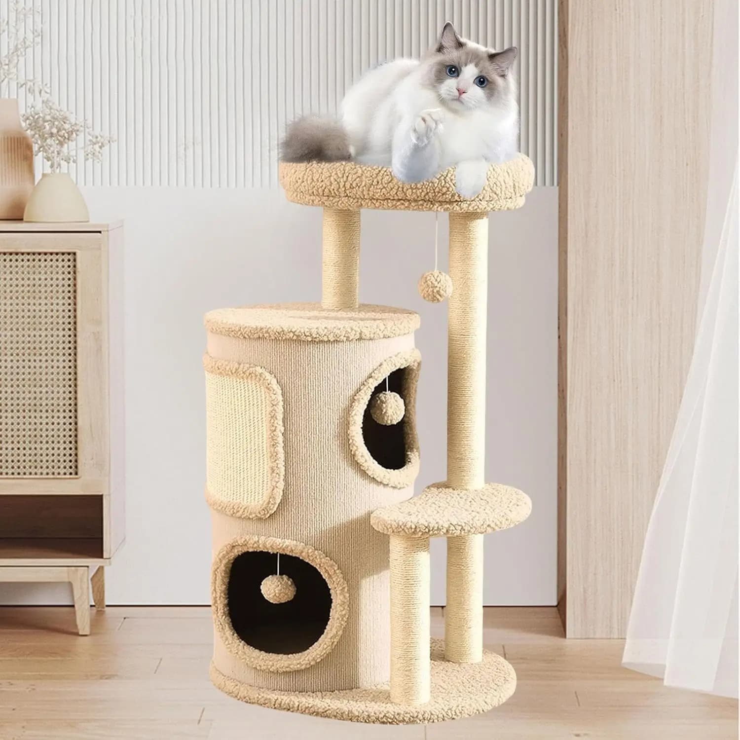 Mobili per alberi per gatti Condo Forniture per animali domestici Multistrato interattivo con palla giocattolo sospesa Elegante casa per gatti da riposo Torre da arrampicata