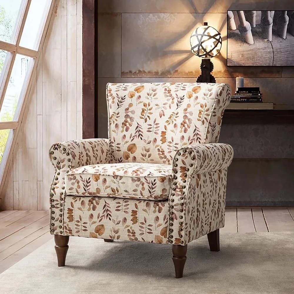 Sedia moderna con schienale ad alette con gambe in legno e cuscino rimovibile, comoda poltrona imbottita con finiture a testa di chiodo, motivo floreale