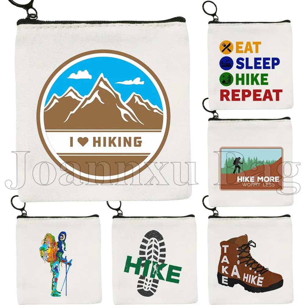 Borsa in tela, portamonete, portachiavi e porta carte quadrato, a tema escursionismo e regali da bosco, con la scritta 'Love Outdoor Hike More Worry Less', per scarponi da trekking.