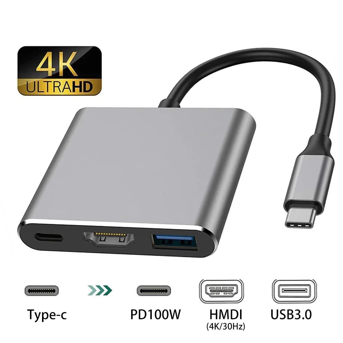 Cavo convertitore USB-C a HDMI compatibile 3 in 1, USB 3.0 Type C a HDTV 4K, adattatore USB 3.0 per laptop, Huawei, iPad, Macbook