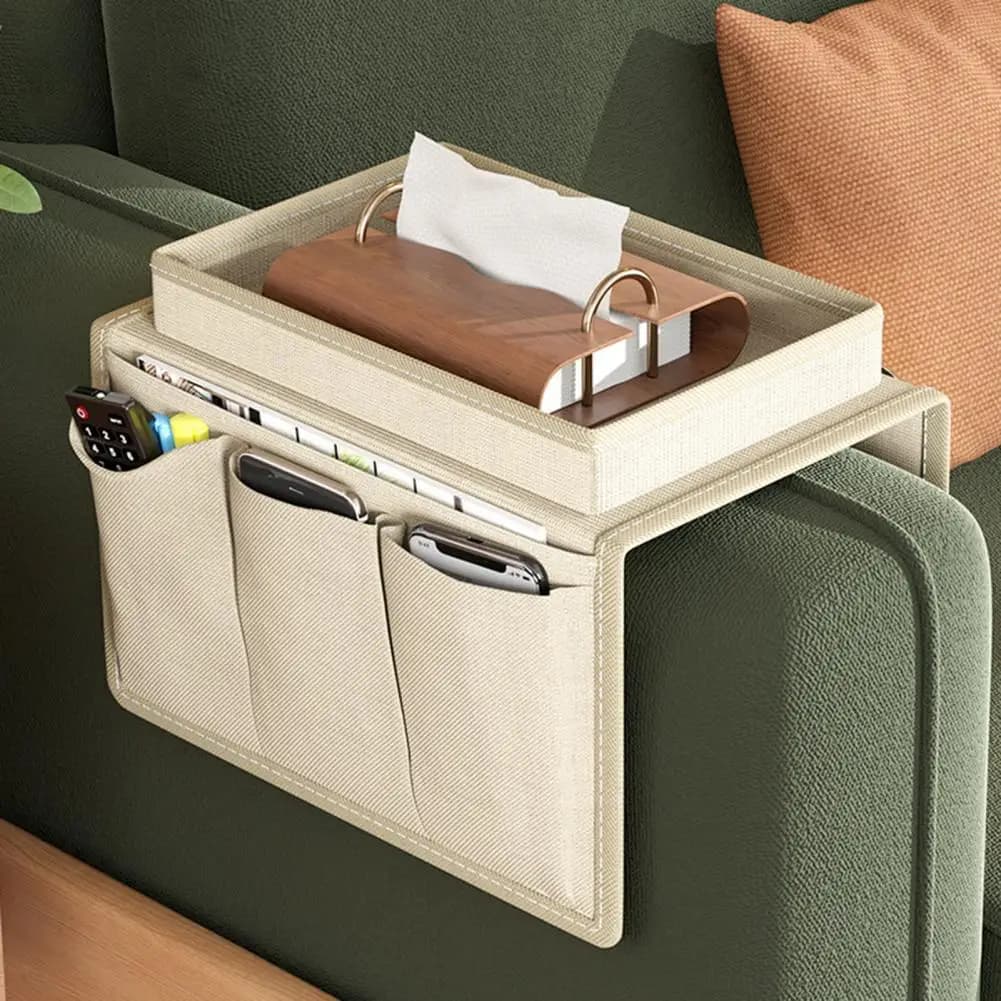 Organizer per Bracciolo del Divano con Portabicchieri, Tasche Laterali per Telecomandi e Snack, Antiscivolo per Cellulare