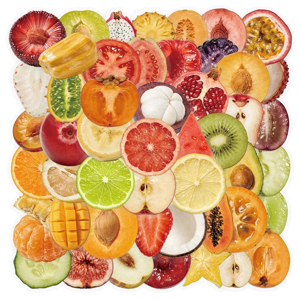 50 Pezzi Adesivi Trasparenti a Forma di Frutta, Decorazioni per Valigie, Attrezzatura Ciclistica, Borracce, Skateboard, Autoadesivi