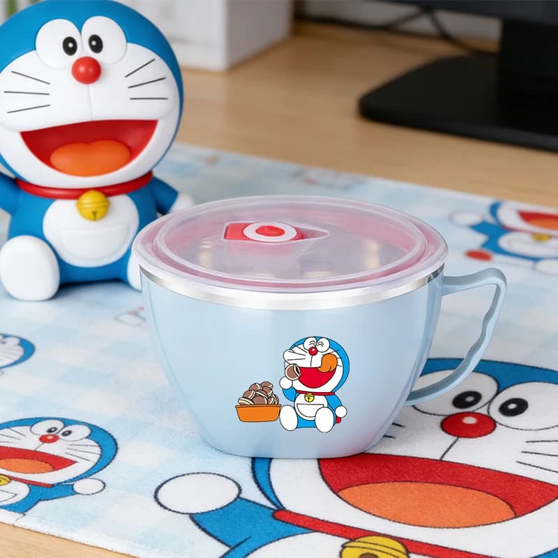 Doraemon Large Capacity Stainless Steel Bowl Double-layer Heat Protection Instant Noodle Bowl Food Storage Container with Cover