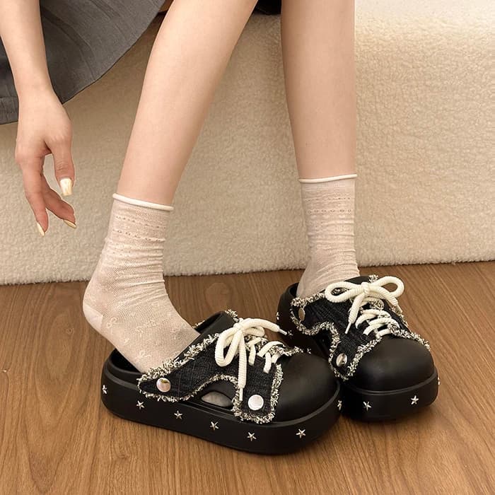 Denim Thick Heel Mule Women's Outdoor Spring Summer Versatile Slip-On Hollow out Flat Sandals Casual Style Home Wear