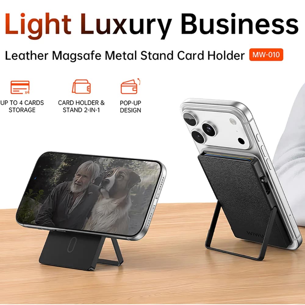 WiWU Leather Card Holder for Magsafe Metal Stand Hold 4 Cards Super Strong Magnetic Force RFID Cell Phone Stand for iPhone 17